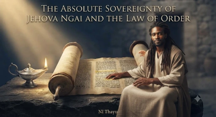 A cover photo featuring a Black man with dreadlocks, dressed in a simple robe and seated on a stone altar. He is looking forward with a calm expression, with his hand resting gently on an unfurled ancient Hebrew scroll. To his left sits a burning antique silver oil lamp. A soft shaft of light illuminates the scene from above. The text overlay at the top reads: 'THE ABSOLUTE SOVEREIGNTY OF JEHOVA NGAI AND THE LAW OF ORDER'. The text 'Nĩ Thayu' is at the bottom.