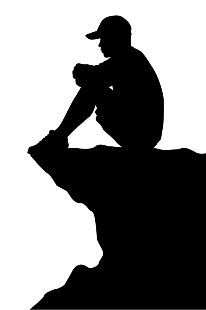 Dark minimalist silhouette of a single person sitting completely still on a high rock edge, looking out over an open landscape in deep reflection.