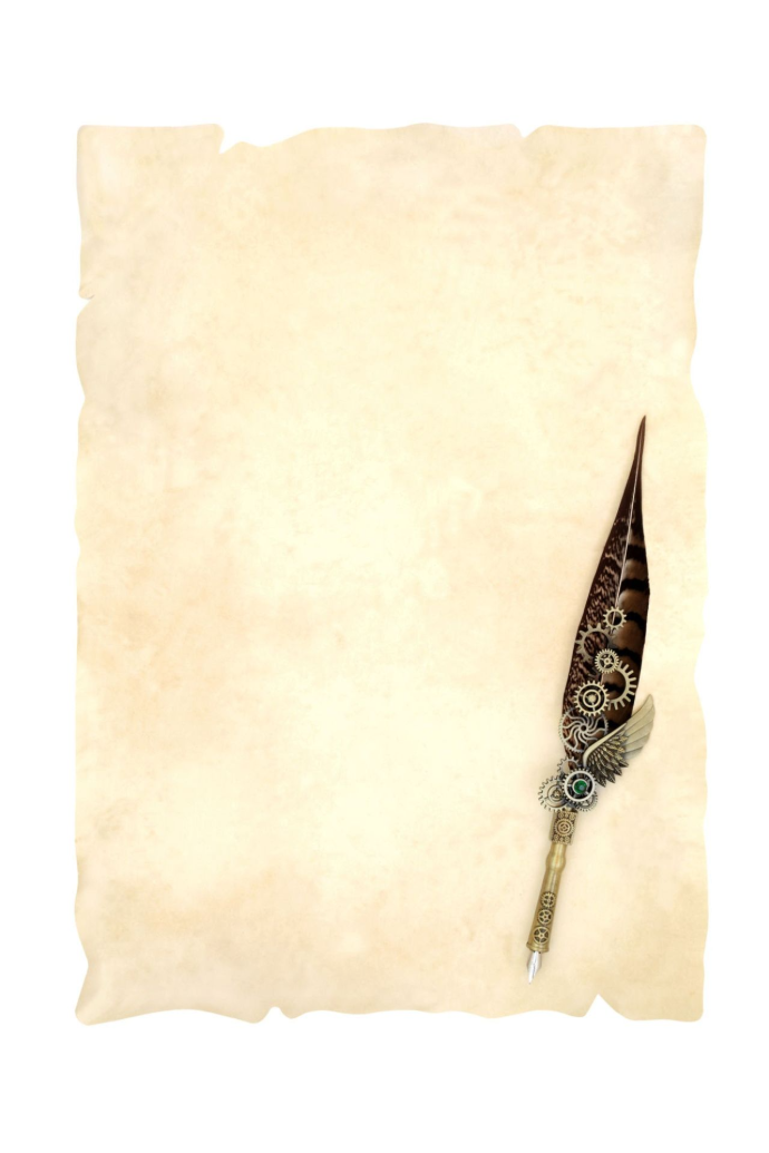 Close-up of a feather quill ink pen lying on top of a weathered, textured piece of old parchment paper.