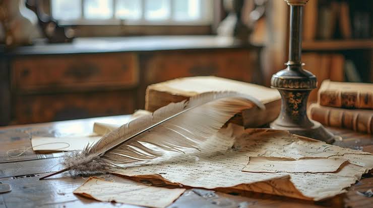 A close-up view of a rustic, ancient wooden table featuring a feather quill pen, an inkwell, a leather-bound journal, and unfurled parchment scrolls.