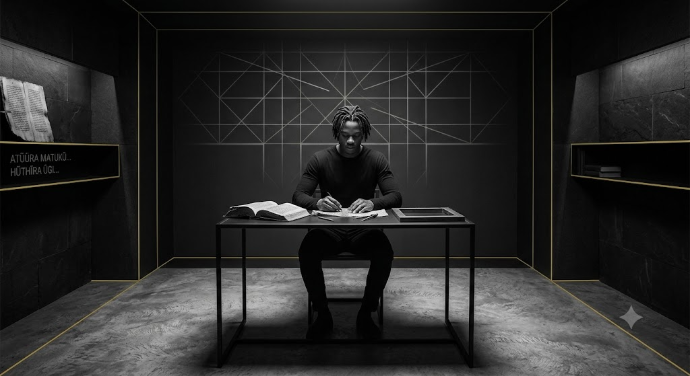 A high-contrast black and white photograph of a focused young Black man with neat locs working at a minimalist desk inside a dark stone room with geometric gold borders, decoding ancient scripture on scrolls under a focused beam of light.