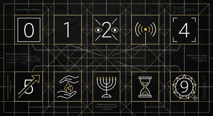 A high-contrast monochrome geometric schematic grid mapping numbers 0 through 9 with minimalist line art icons, thin gold accent lines, and traditional scriptural text markings on a dark slate background.