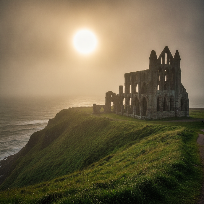Dramatic sunset view of ancient Gothic abbey ruins standing on a grassy cliff overlooking a misty sea, symbolizing covenantal architecture and territorial sovereignty.