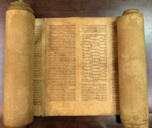 Close-up of an open ancient Hebrew Torah scroll showing detailed handwritten scriptural text used for textual analysis.