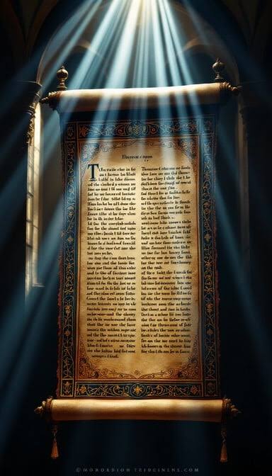 Ancient sacred parchment scroll illuminated by divine beam of light representing Old Testament Kĩrĩkanĩro wisdom