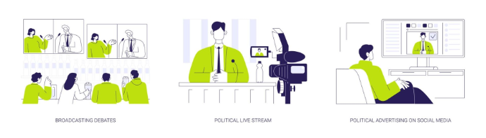 Vector graphic showing political campaign broadcasts and candidate image strategy